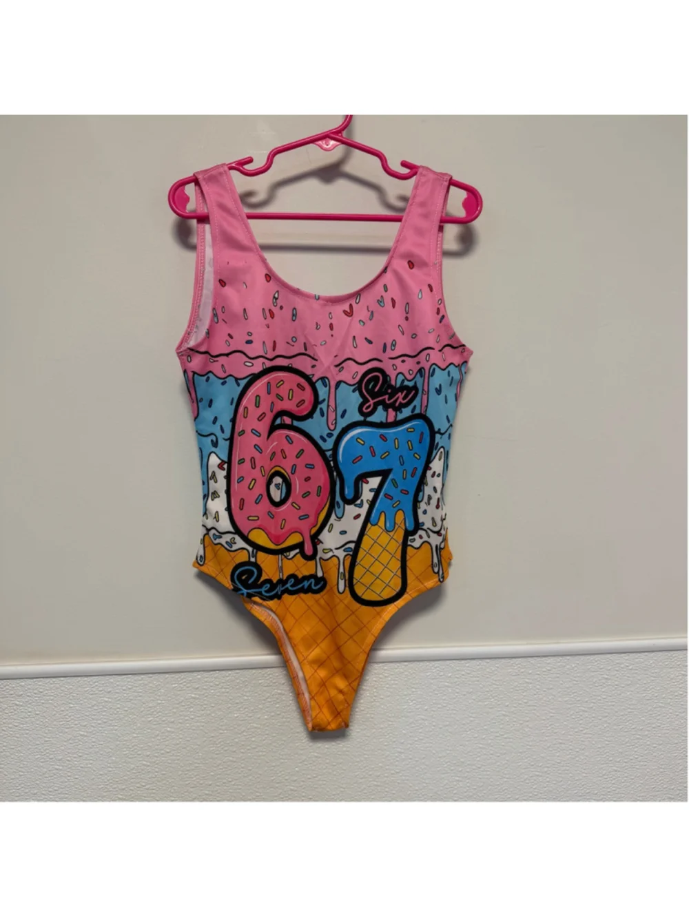 Girls Donut Ice Cream One Piece Swimsuit Size 7-8 Y 67 Pink Blue thin material